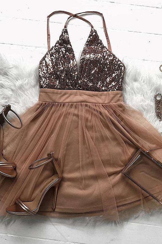 Sparkly Brown Tulle A Line Short Prom Dress,Homecoming Party Dress DMO74