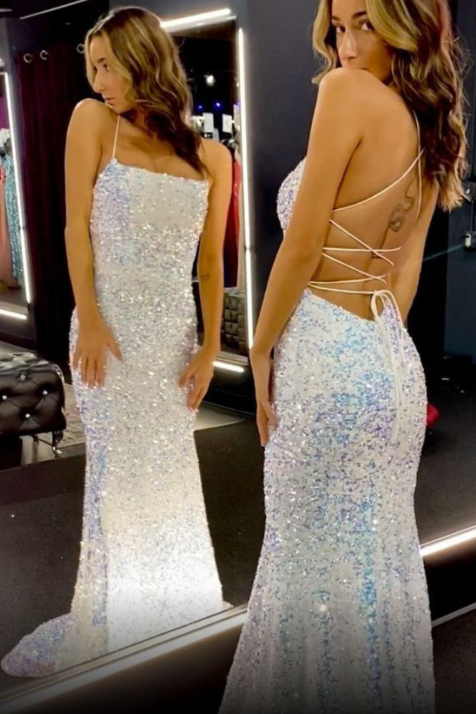 Glitter Mermaid Sparkly Sheath Prom Dresses Sequin Long Backless Evening Gown DMP100