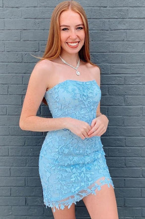 Sheath Strapless Short Sky Blue Lace Homecoming Dress Fashion Graduation Dresses DMHD32
