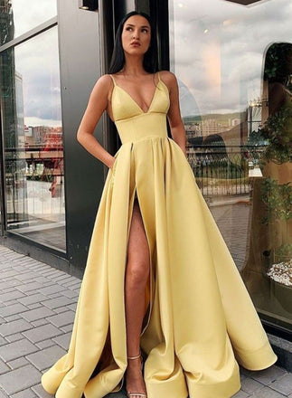 Charming A Line Spaghetti Straps Yellow Prom Dresses with Split Front DMQ86