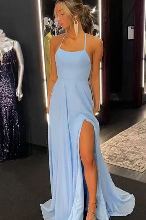 Sky Blue Chiffon Prom Dresses Halter Sheath Long Evening Party Dress DM1937