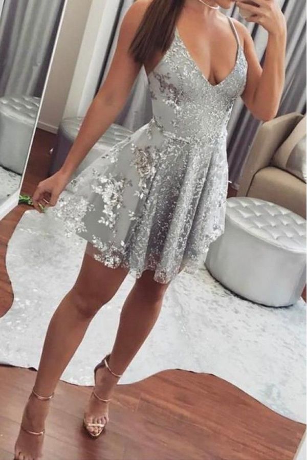 Silver Gray Spaghetti Strap V Neck Lace Homecoming Dresses, A Line Mini Graduation Dresses DM1052
