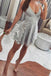 Silver Gray Spaghetti Strap V Neck Lace Homecoming Dresses, A Line Mini Graduation Dresses DM1052