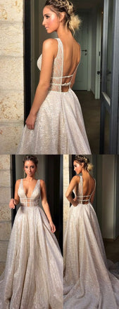 Sparkly Deep V Neck Wedding Dress Bridal Gown,Sequin Prom Dresses DMF60