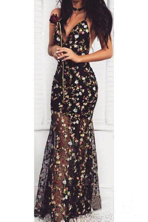 Black Mermaid Floral Prom Dresses Sexy V Neck Straps Formal Dresses DMG88