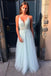 Charming A Line Tulle Light Blue Long Prom Dresses with Lace Appliques DMP200