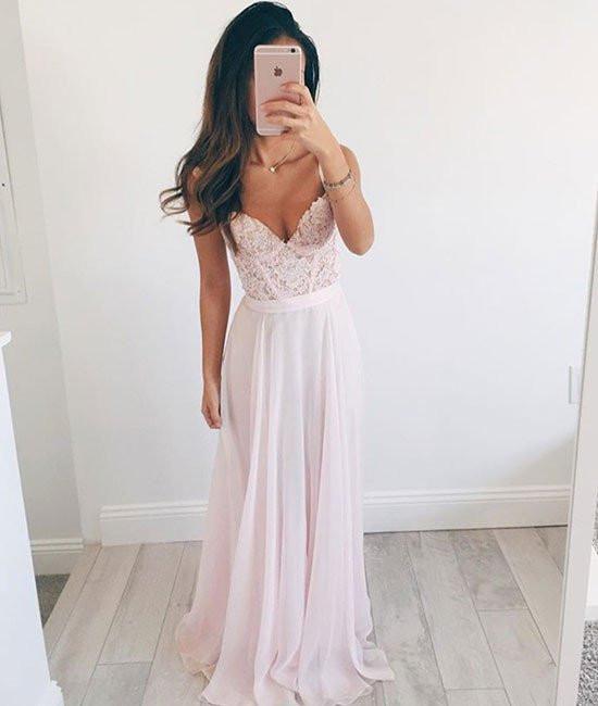 Chiffon A-Line Long Evening Dress, Lace Top Charming Prom Dresses DME24