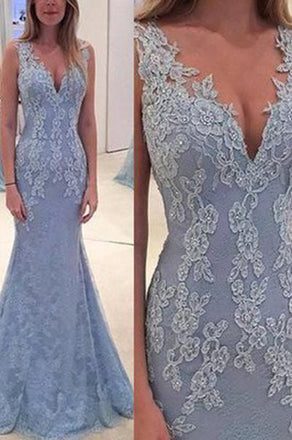 Elegant Lace Blue Long Mermaid Prom Dress, Charming Evening Party Gown DM138
