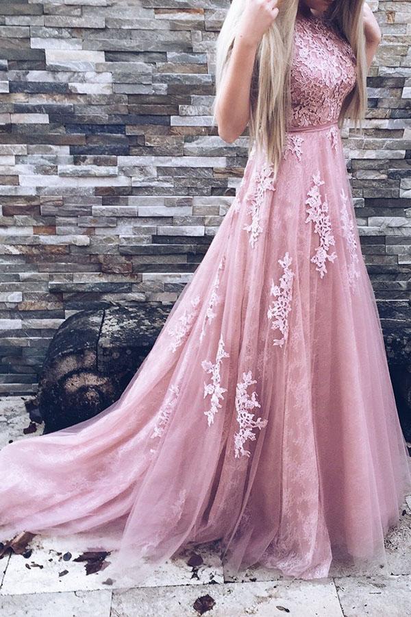A-Line Court Train Backless Pink Tulle Prom Dress with Lace Appliques DME41