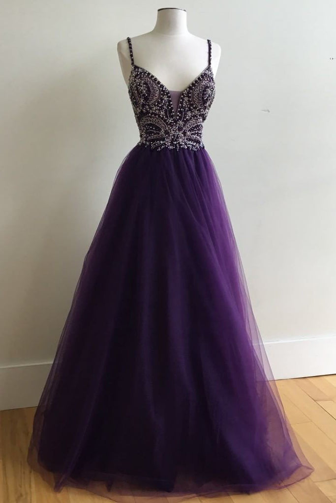 Purple A-Line Ball Gown Spaghetti Straps Tulle Long Prom Dress with Beading DM155