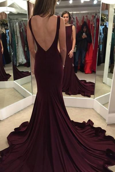 Elegant Mermaid Burgundy Sweep Train Prom Dress with Open Back DM132