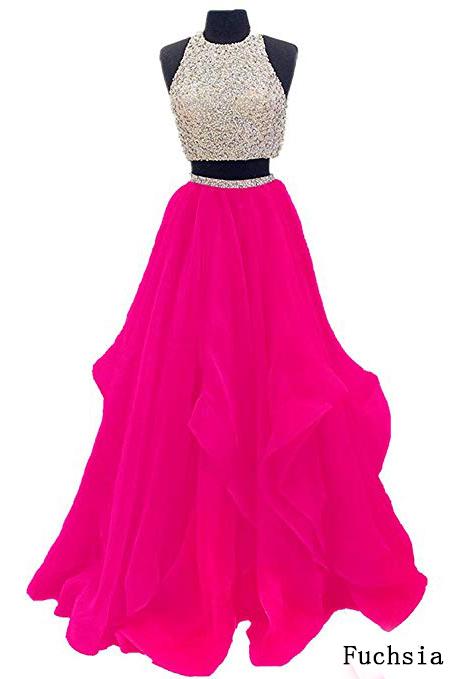 Two Piece Floor Length Burgundy Prom Dress Beaded Open Back Evening Gown DM603