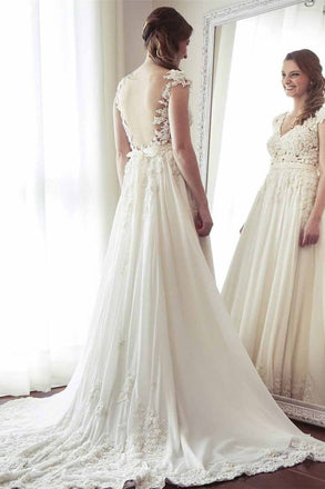 A-Line V-Neck Lace Appliqued Cap Sleeves Ivory Long Wedding Dresses DMC72