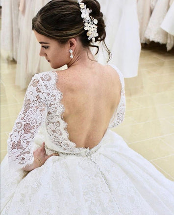 Full Lace 3/4 Sleeves A Line Backless Wedding Gowns Elegant Bridal Dresses DMW40