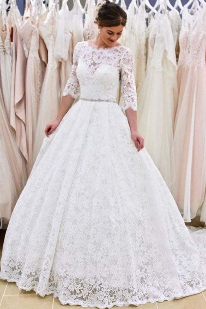 Full Lace 3/4 Sleeves A Line Backless Wedding Gowns Elegant Bridal Dresses DMW40