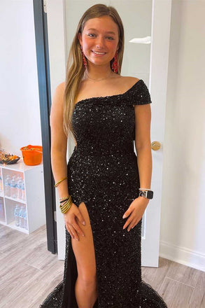 Hot Pink One Shoulder Cap Sleeves Sequined Long Prom Party Dress DMP274