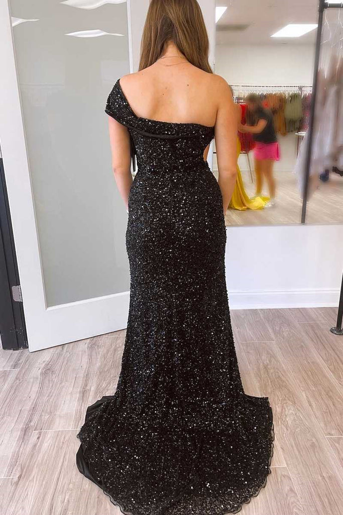 Hot Pink One Shoulder Cap Sleeves Sequined Long Prom Party Dress DMP274