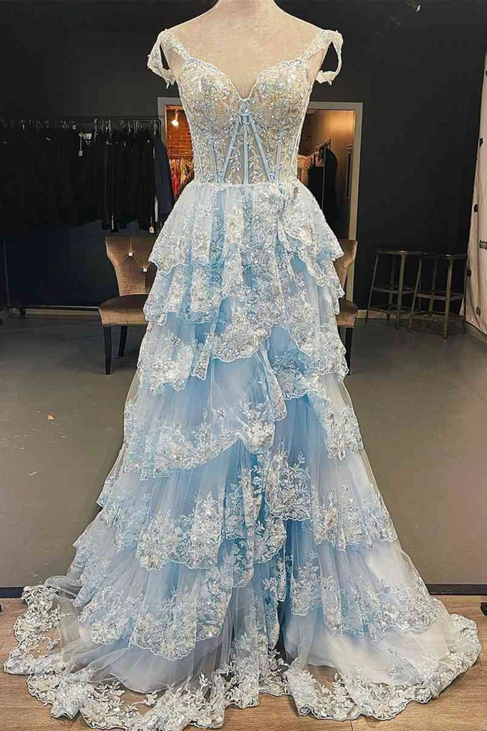 Light Blue Corset Lace Tiered Tulle Long Formal Prom Dress Evening Dresses DMP315