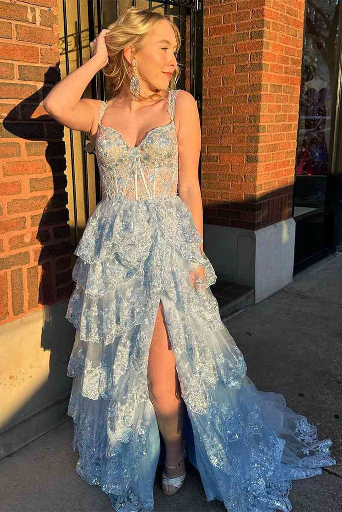 Light Blue Corset Lace Tiered Tulle Long Formal Prom Dress Evening Dresses DMP315