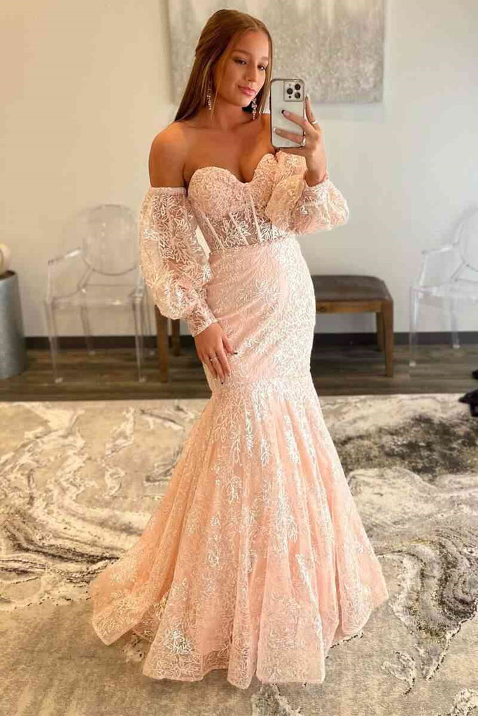 Peach Sweetheart Sheer Lace Corset Mermaid Prom Dress Formal Evening Gown DMP284