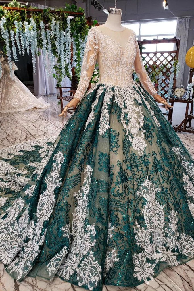 Green Long Sleeves Ball Gown Lace Prom Dress with Appliques, Long Prom Gown DMP51