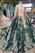 Green Long Sleeves Ball Gown Lace Prom Dress with Appliques, Long Prom Gown DMP51