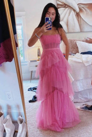 Hot Pink Spaghetti Straps Floor Length Prom Dresses With Ruffles, A Line Tulle Formal Gown DMP113