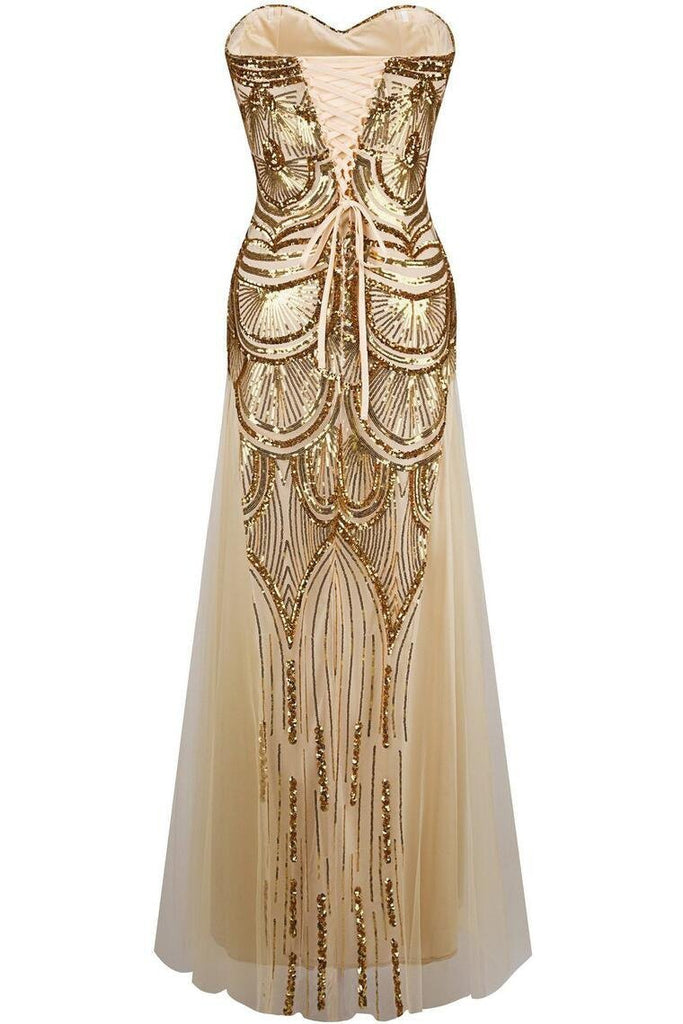 Mermaid Gold Tulle Sequins Prom Dress,Sweetheart Long Bridesmaid Dresses DME78