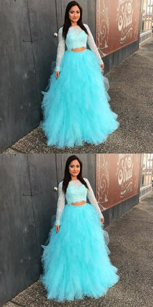 Full Sleeve Evening Dress, Two Piece Tulle Lace Top Prom Dress, Elegant Formal Dress DME90