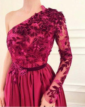Burgundy A Line Applique Long Sleeve One Shoulder Prom Dresses With Slit DMH61