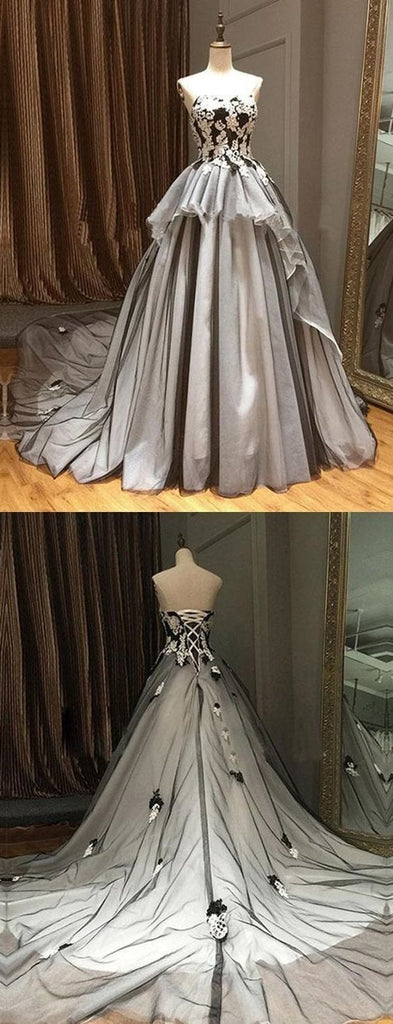 Vintage A Line Strapless Gray Cheap Appliques Long Prom Dress DMF69
