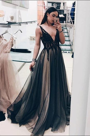 Black Deep V Neck A Line Prom Dresses,Long Tulle Evening Dress DMD27