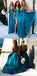Simple Deep V-Neck Long Blue Backless Bridesmaid Dresses With Split DMG48