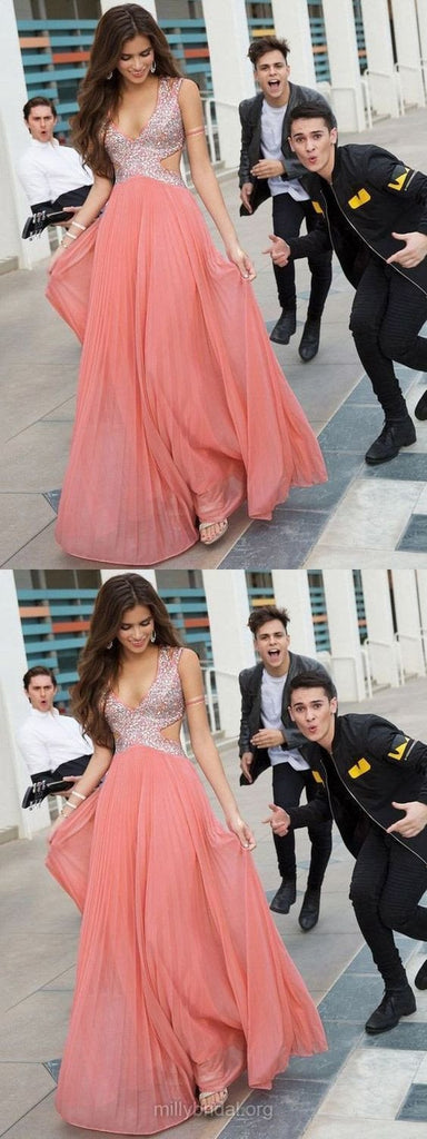 New A Line Backless Long V Neck Beads Chiffon Prom Dress DMF4