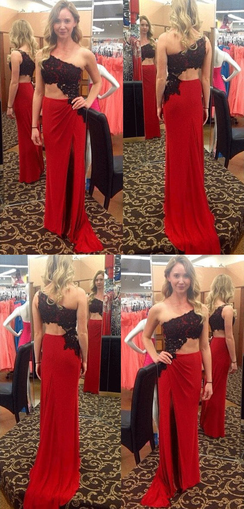 Black Lace One Shoulder Red Sexy Prom Dress,Long Party Dresses DME54