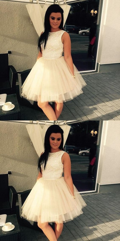 Cute A-Line Sleeveless Tulle Short Homecoming Dress with Lace Top DMD88