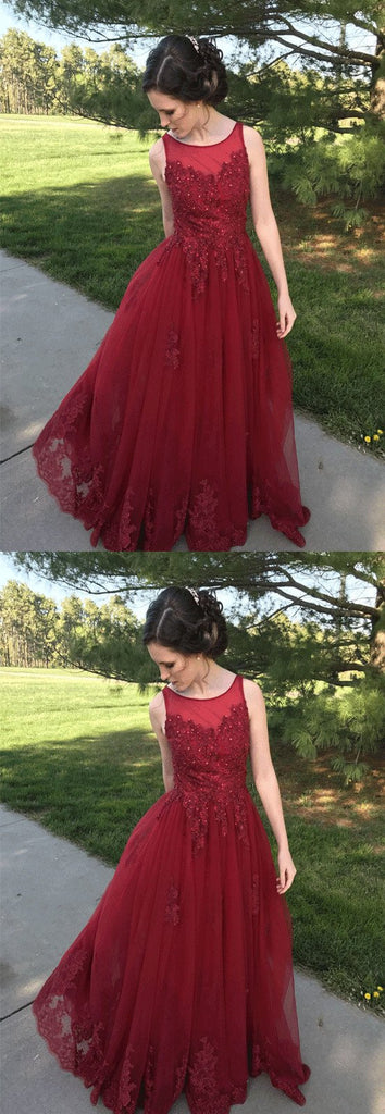 A Line Red Appliques Long Tulle Formal Prom Dresses DME47