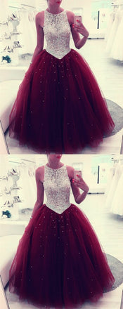 Beaded Scoop Tulle Burgundy Ball Gown Prom Dress, Quinceanera Dresses DMF5