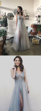 A-Line V Neck Long Grey Tulle Split Prom Party Dress with Sequins DMF70