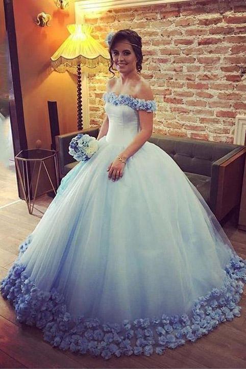 Off the Shoulder Tulle Flowers Ball Gown Prom Dress,Cheap Blue Quinceanera Dresses DMH52
