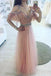 A-Line V-Neck Off Shoulder Pink Tulle Long Prom Dress with Beading DMF30