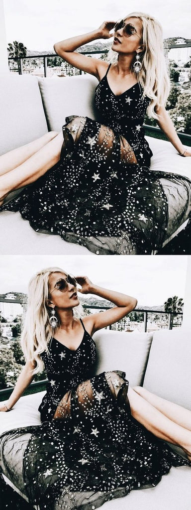 Sexy Sparkly Black Spaghetti Straps A Line Star Long Prom Dress DMG9