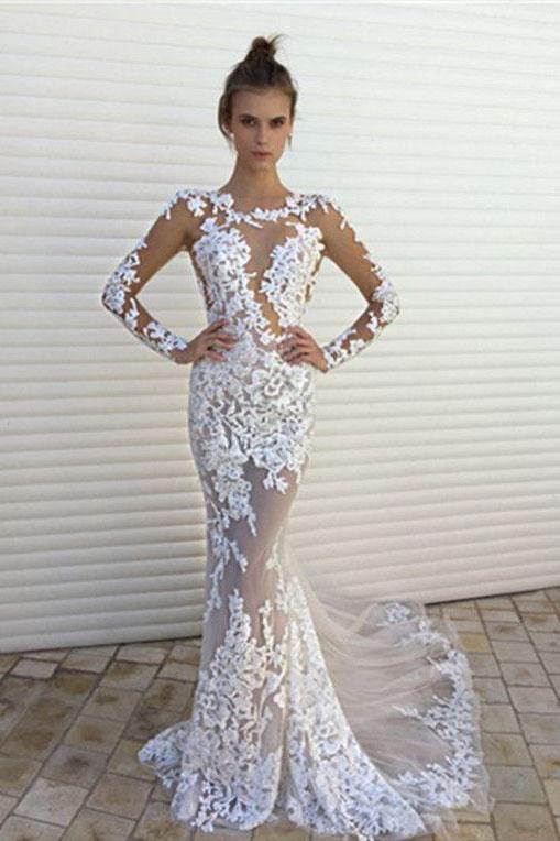 Long Sleeve Lace Mermaid Prom Dresses,Sexy See through Cheap Long Wedding Dresses DME37