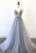 Gray Spaghetti Straps Beaded Tulle A Line Prom Dresses Evening Party Dress DMS52