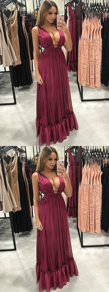 Sexy A-Line V-Neck Pleated Burgundy Chiffon Prom Party Dress DMF8