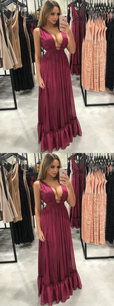 Sexy A-Line V-Neck Pleated Burgundy Chiffon Prom Party Dress DMF8
