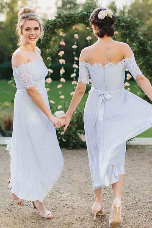 A-Line Off-the-Shoulder Short Sleeve Pleated Chiffon Bridesmaid Dress with Lace DMI45