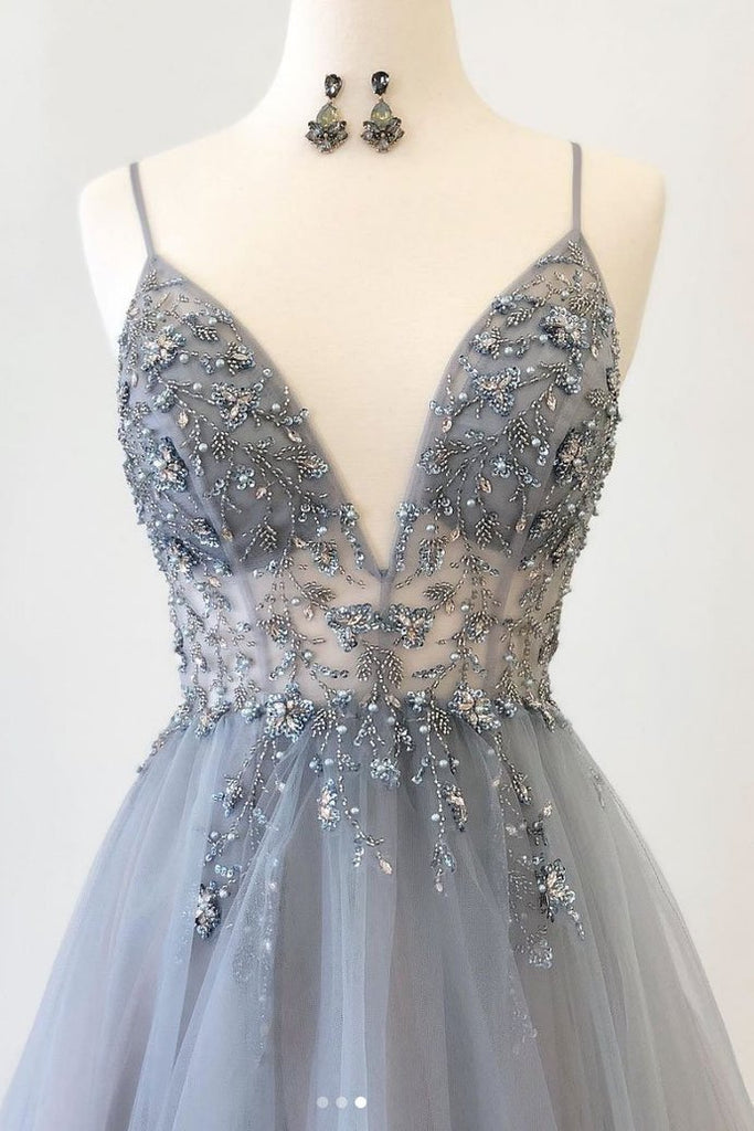 Gray Spaghetti Straps Beaded Tulle A Line Prom Dresses Evening Party Dress DMS52