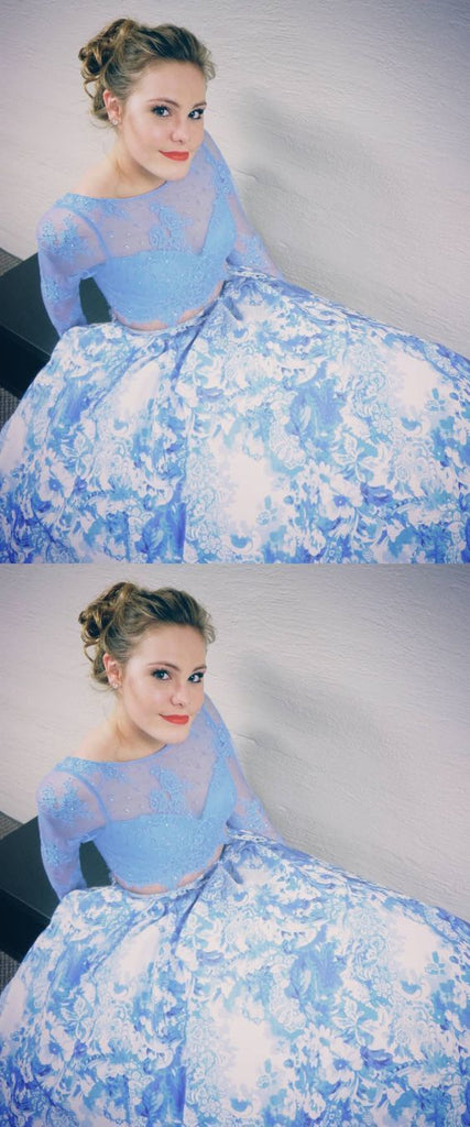 Two Piece Prom Dresses With Long Sleeves, White Blue Printed Prom Dresses DMH51