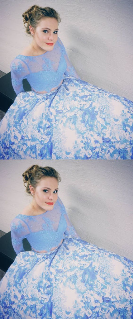 Two Piece Prom Dresses With Long Sleeves, White Blue Printed Prom Dresses DMH51